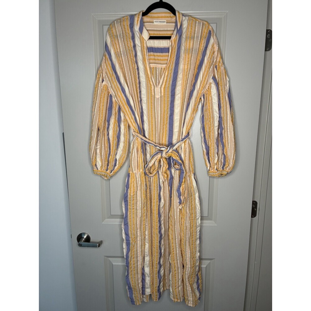Ulla Johnson Selvi Midi Dress Yellow Blue Striped Size 8 Balloon Sleeves Belted
